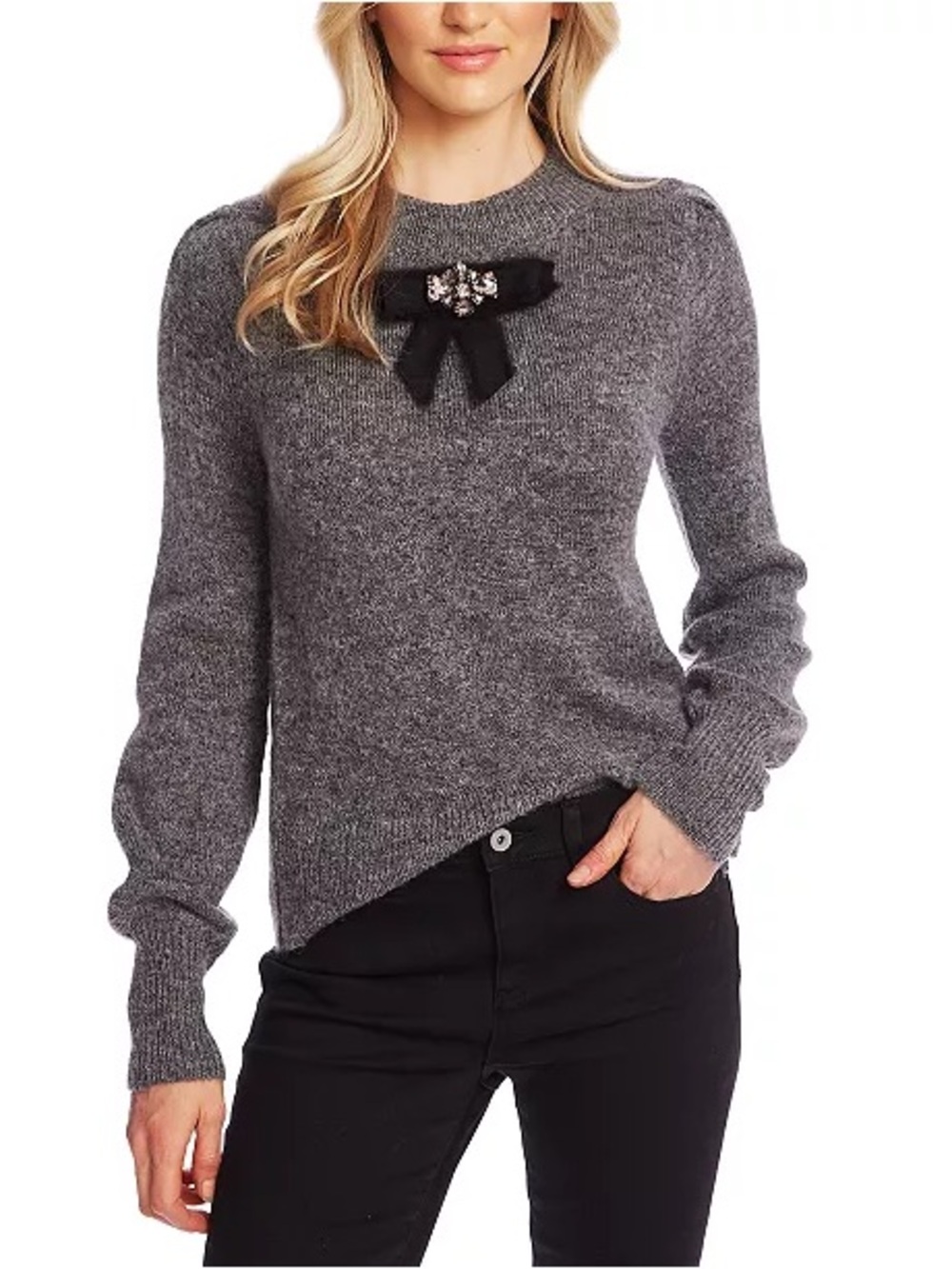 CeCe Women's Long Sleeve Bling Bow Detail Crewneck Sweater in grey size L